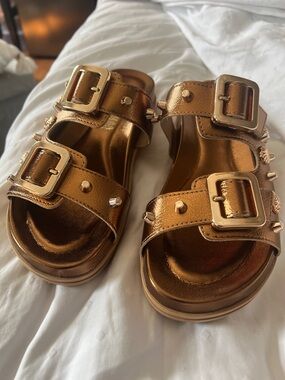 Metallic Bronze Double-Buckle Slide Sandals